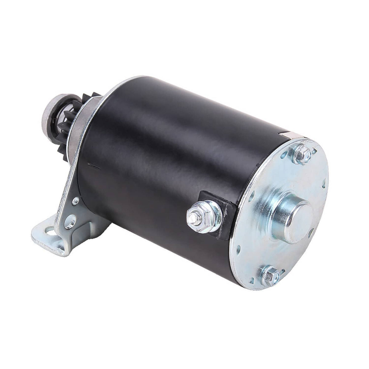 Black starter motor with metal end cap, bolts, and side pinion gear