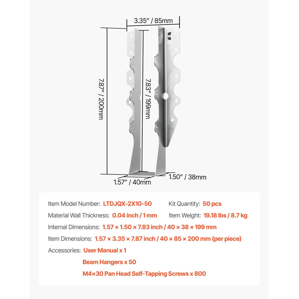 Pair of steel beam hanger brackets with measured layout and mounting hole pattern