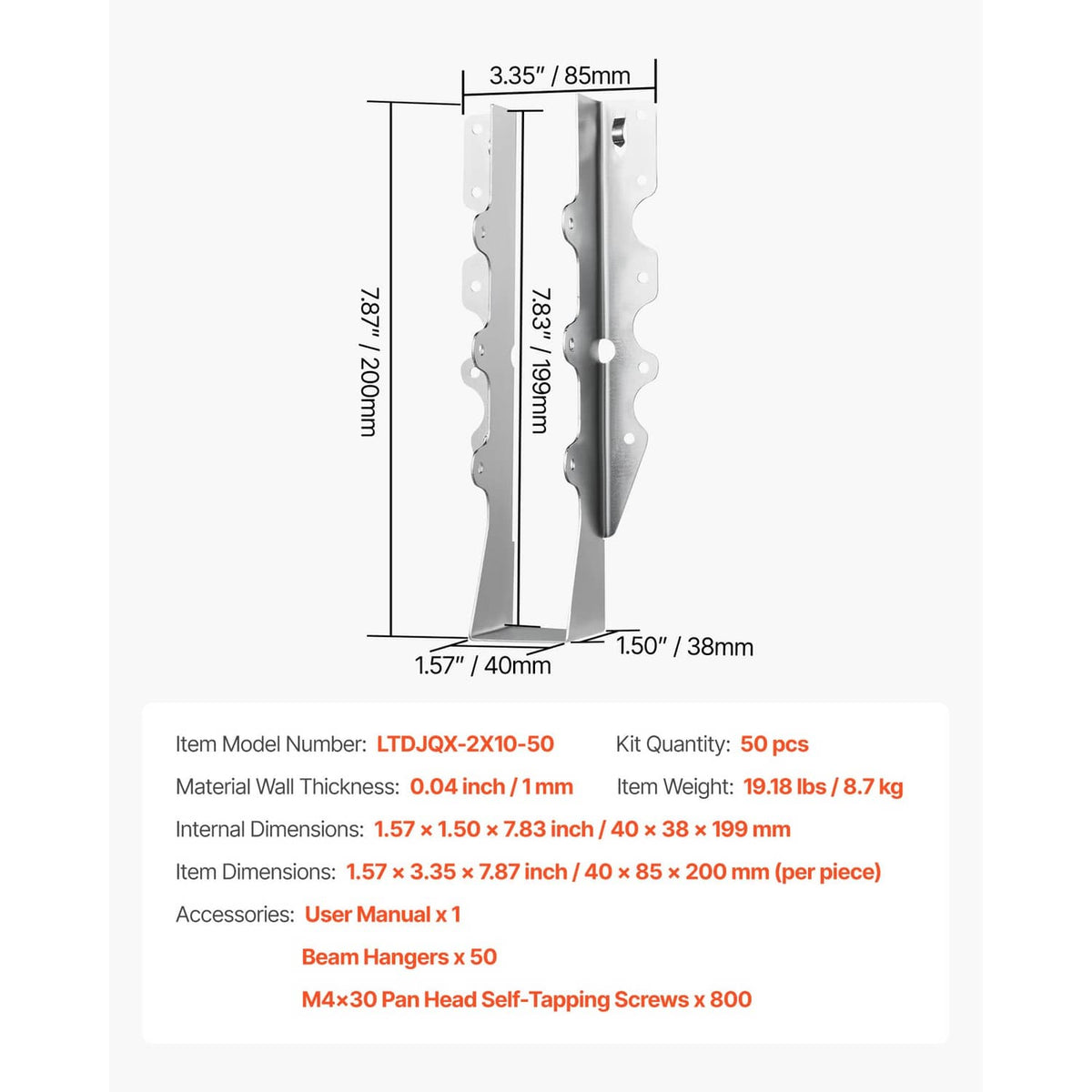 Pair of steel beam hanger brackets with measured layout and mounting hole pattern