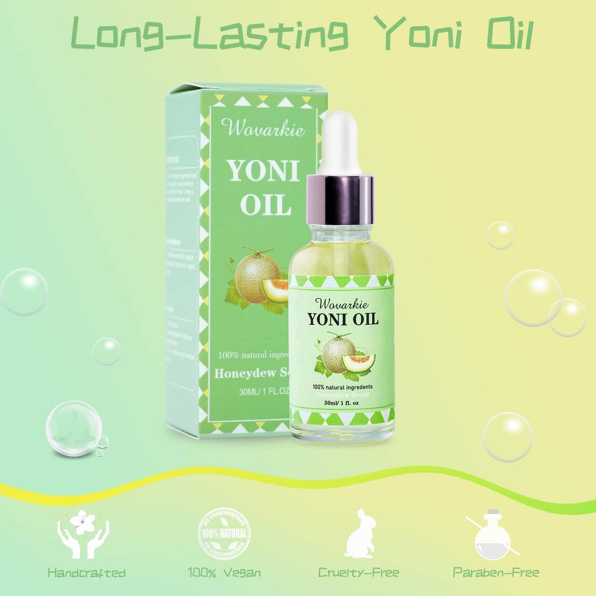Feminine oil bottle with matching carton box and long-lasting feature icons