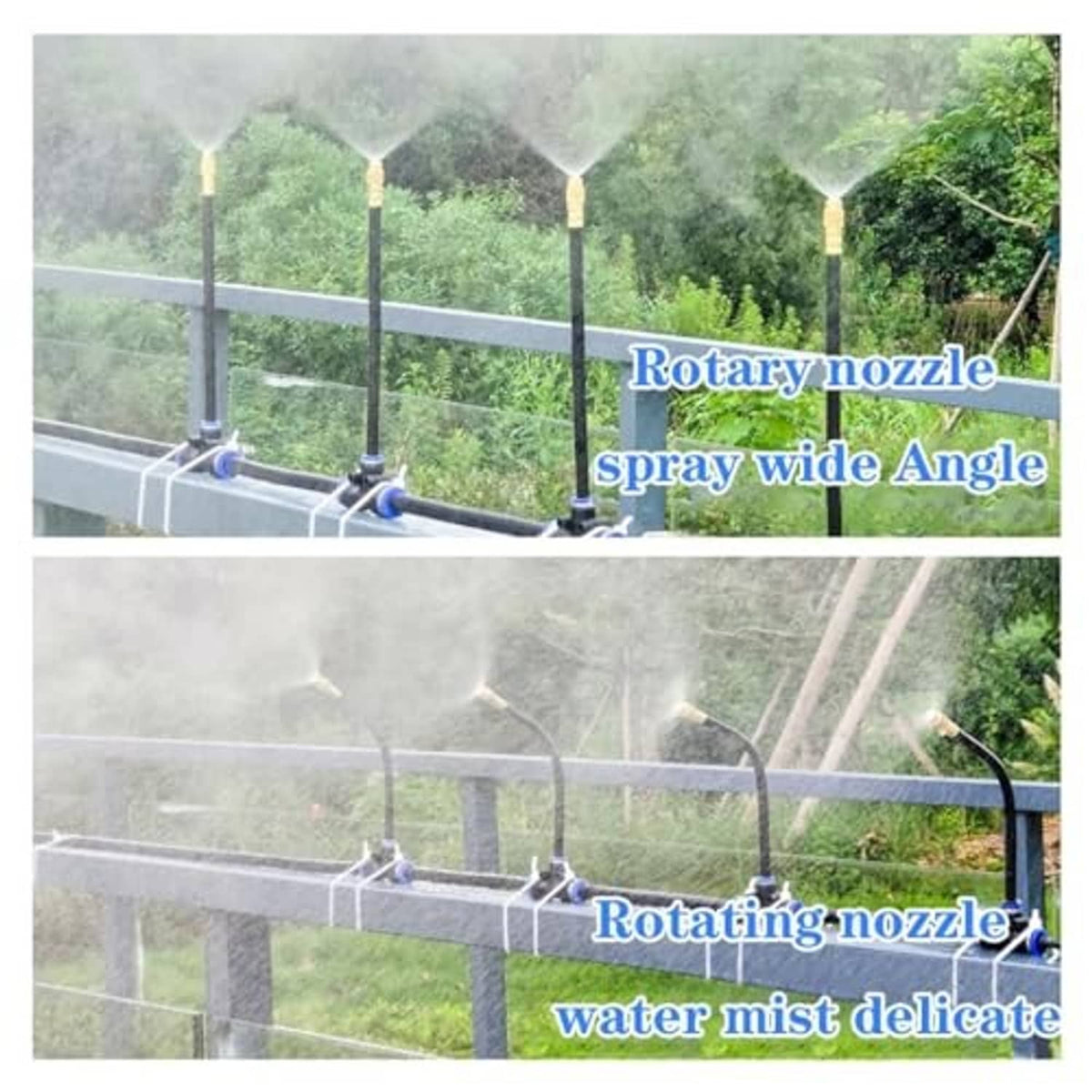 Outdoor balcony misting line with multiple nozzles spraying water mist
