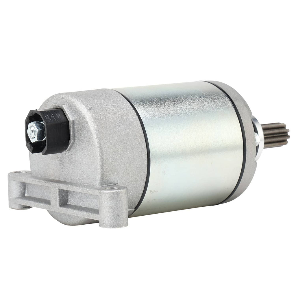 Starter motor assembly with black terminal block and side mounting bracket, visible gear shaft