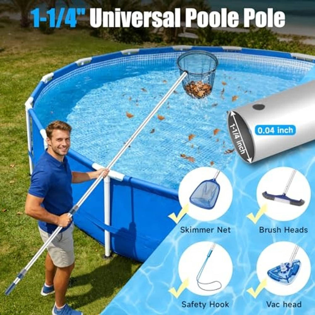Telescopic pool pole with silver shaft and blue handle for attaching skimmer net