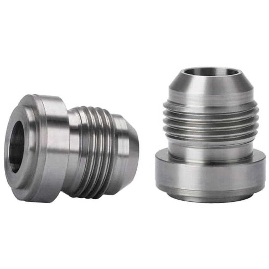 Steel 10AN male weld-on bung fitting adapter set, side view of male threads, open bore