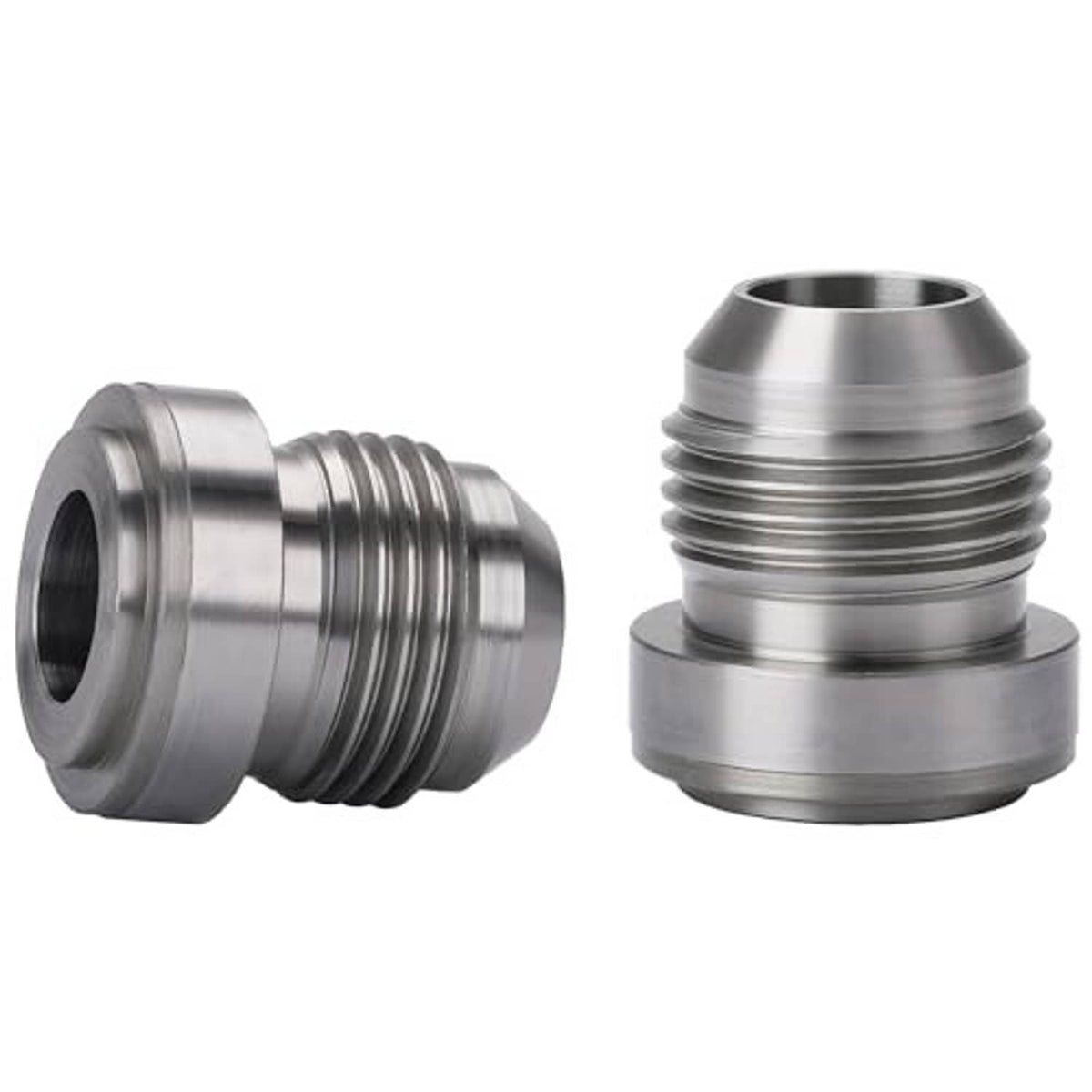 Steel 10AN male weld-on bung fitting adapter set, side view of male threads, open bore