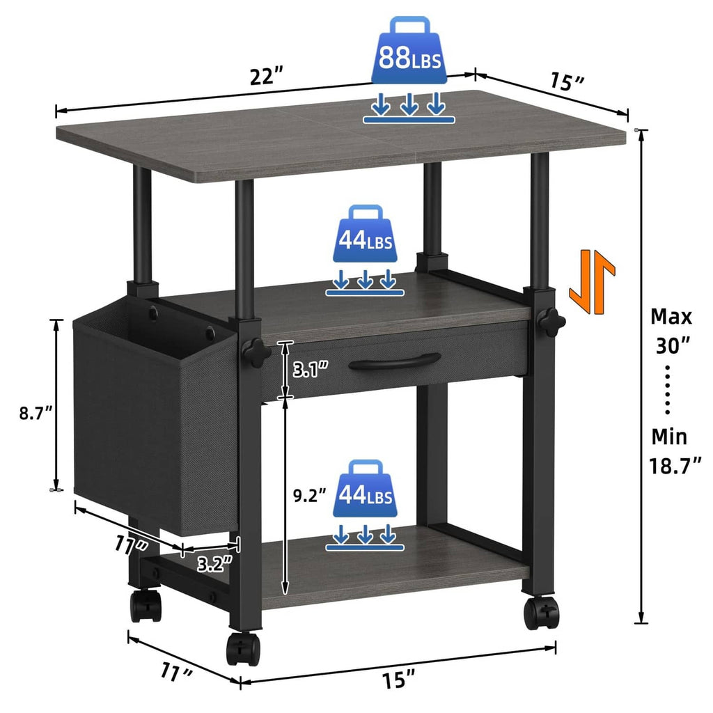 Gray rolling printer cart with 22 x 15 tabletop and three-tier storage dimensions