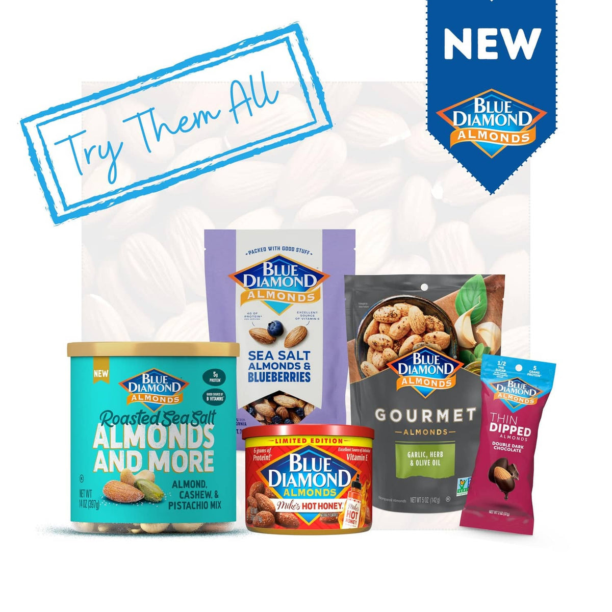 Blue Diamond almonds variety assortment with multiple bags and pouches