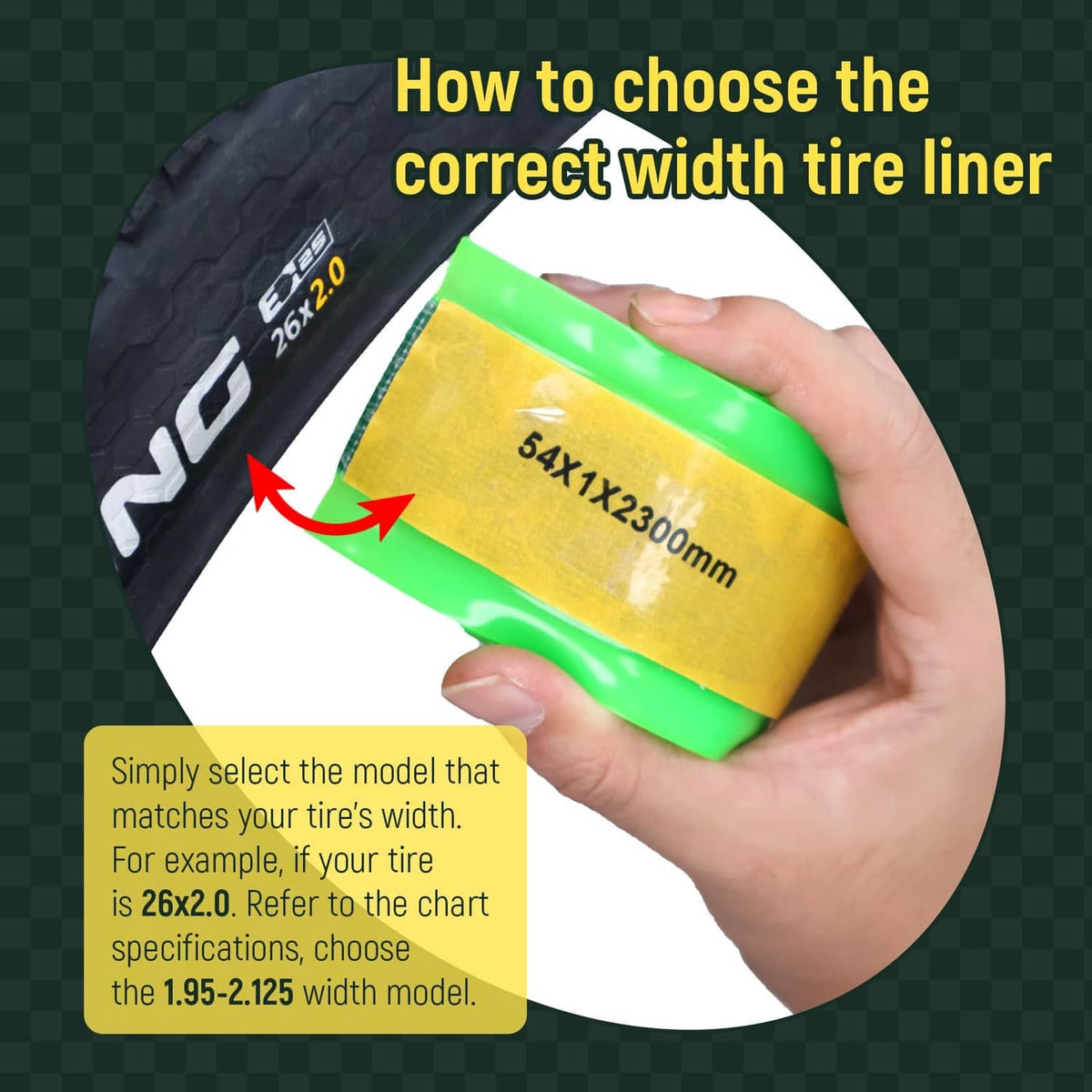 Green and yellow tire liner width check on a fat bike tire