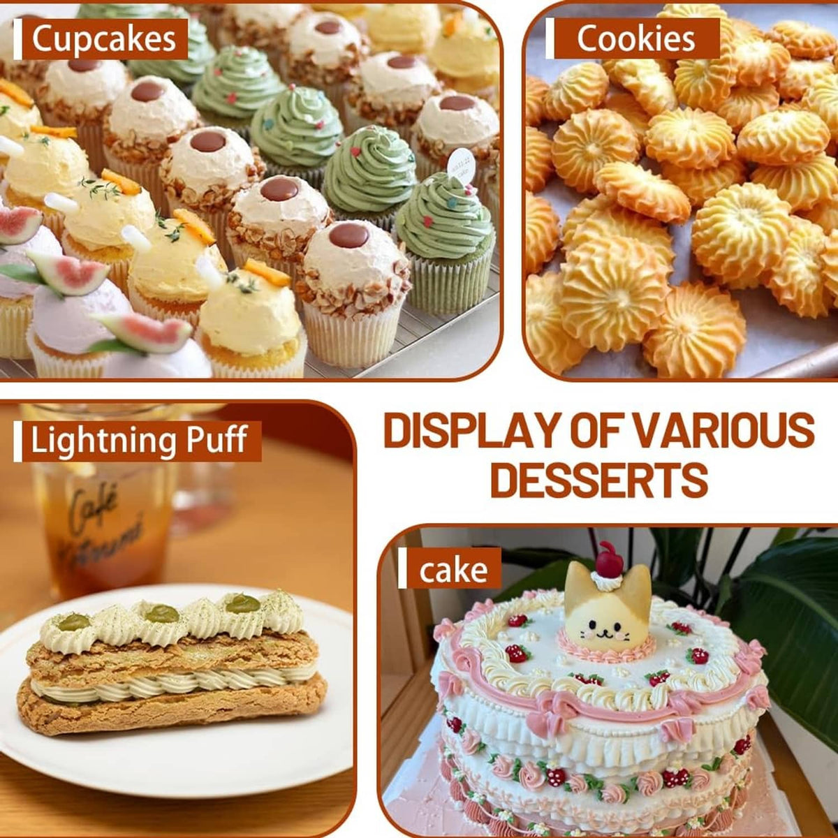 Display of desserts with piped buttercream flowers, cupcakes, cookies, and layered cake