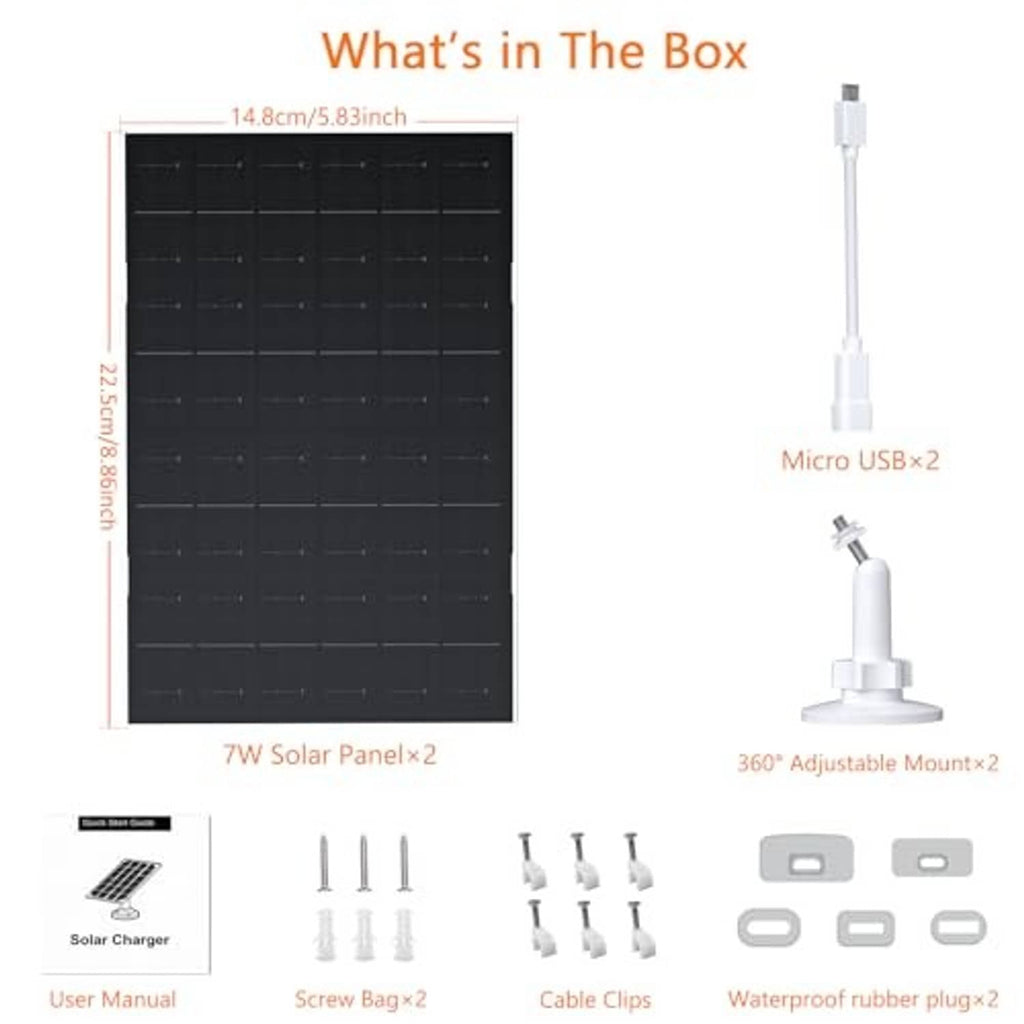Solar panel kit contents: two panels, mounting hardware, cable clips, waterproof rubber plugs