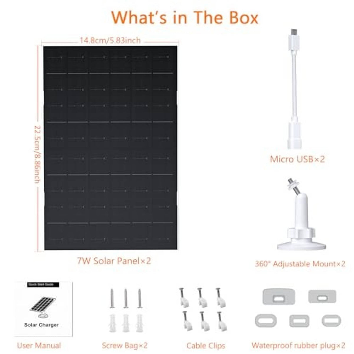 Solar panel kit contents: two panels, mounting hardware, cable clips, waterproof rubber plugs