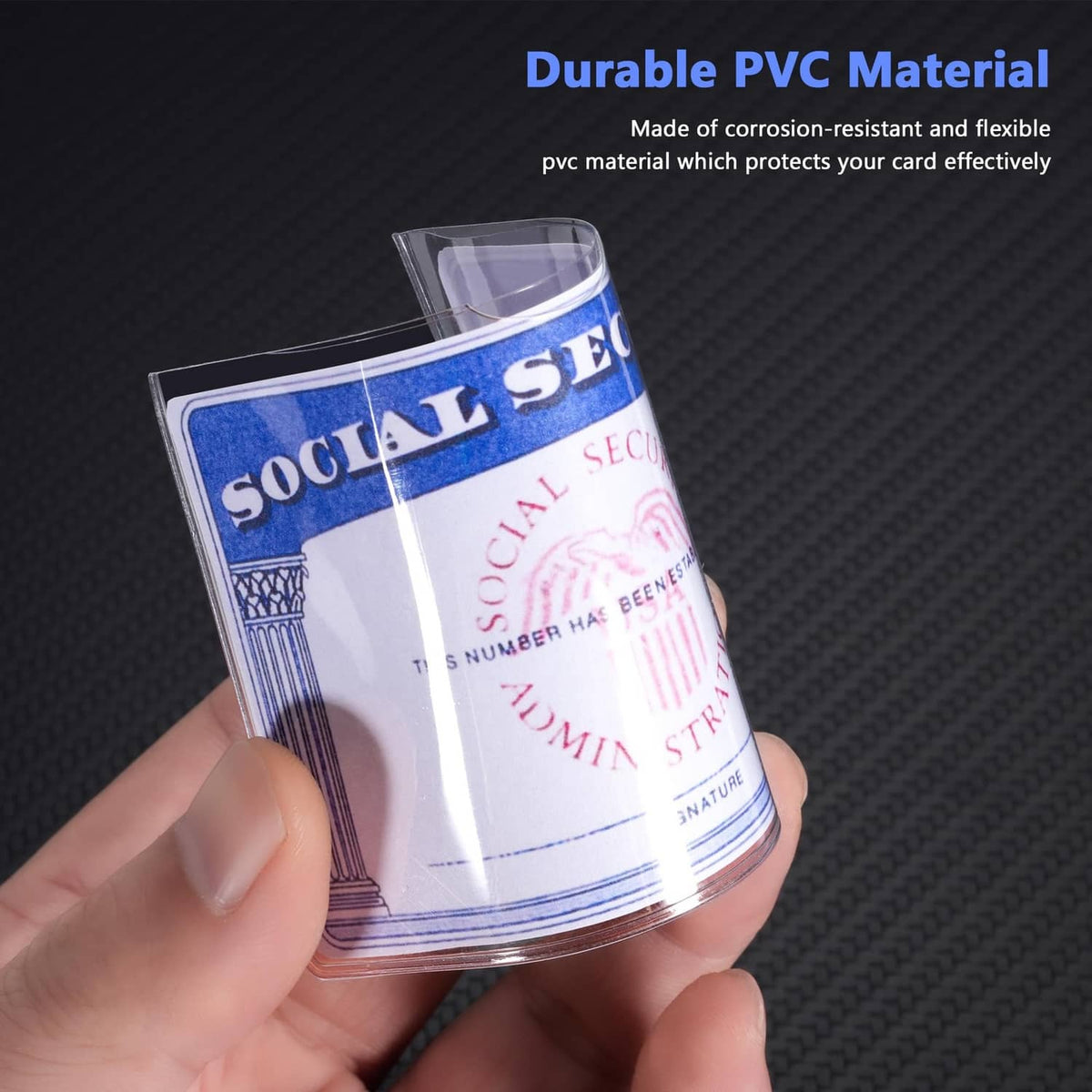Clear PVC card protector sleeve with Social Security card visible through the plastic