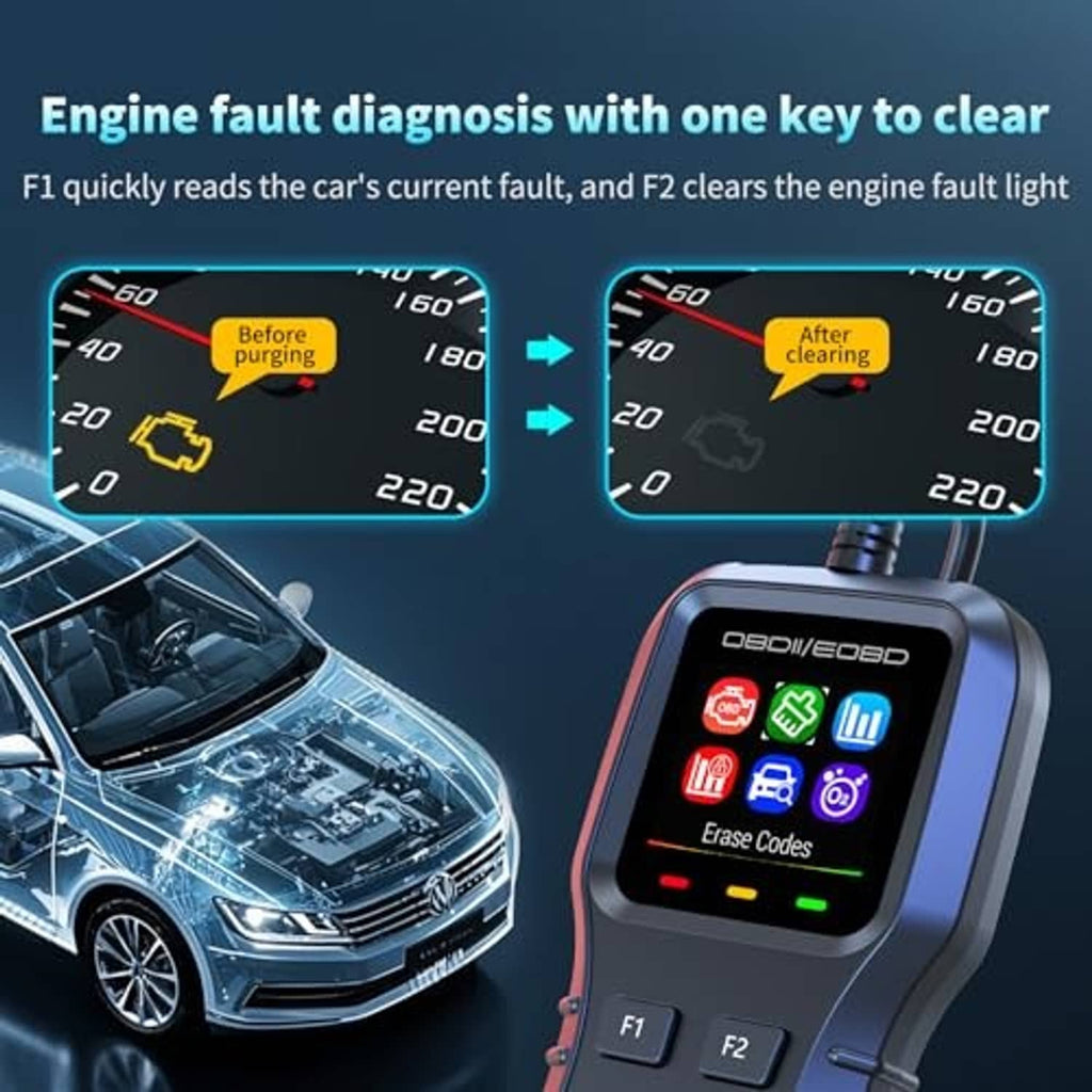 wiiyii K1 OBD2 scanner with illuminated fault code lookup display and cable