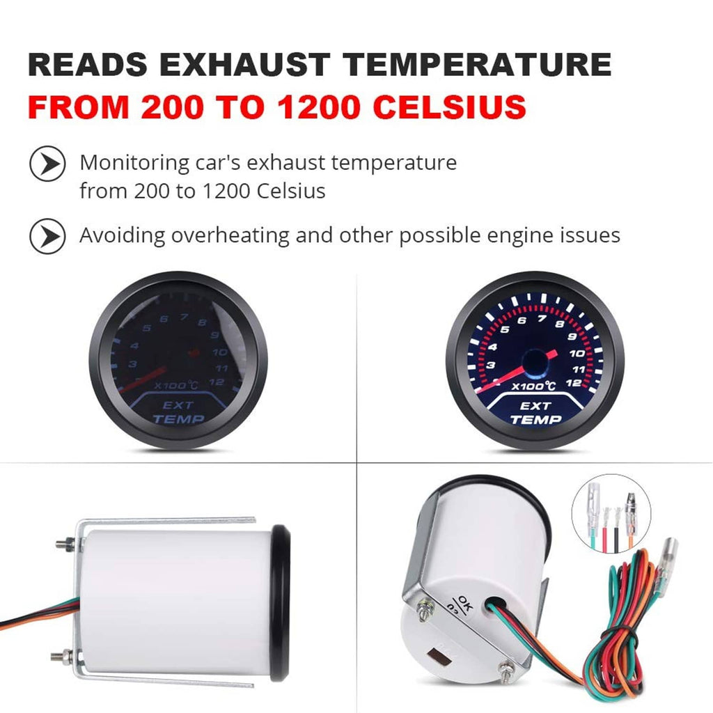 EGT gauge and sensor kit shown from multiple angles with circular blue temperature dial.