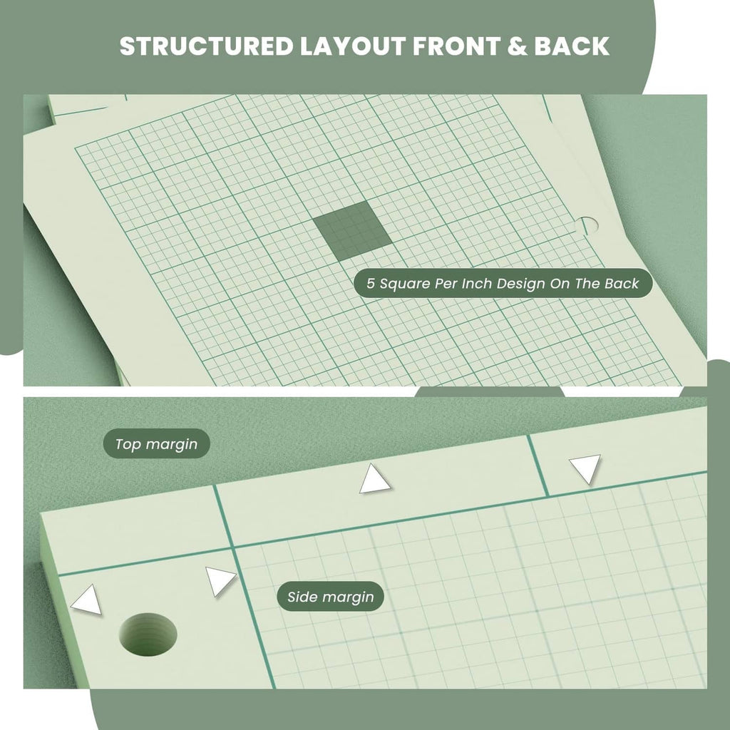 Green graph paper pad with structured layout, grid, and marked margins for drawing