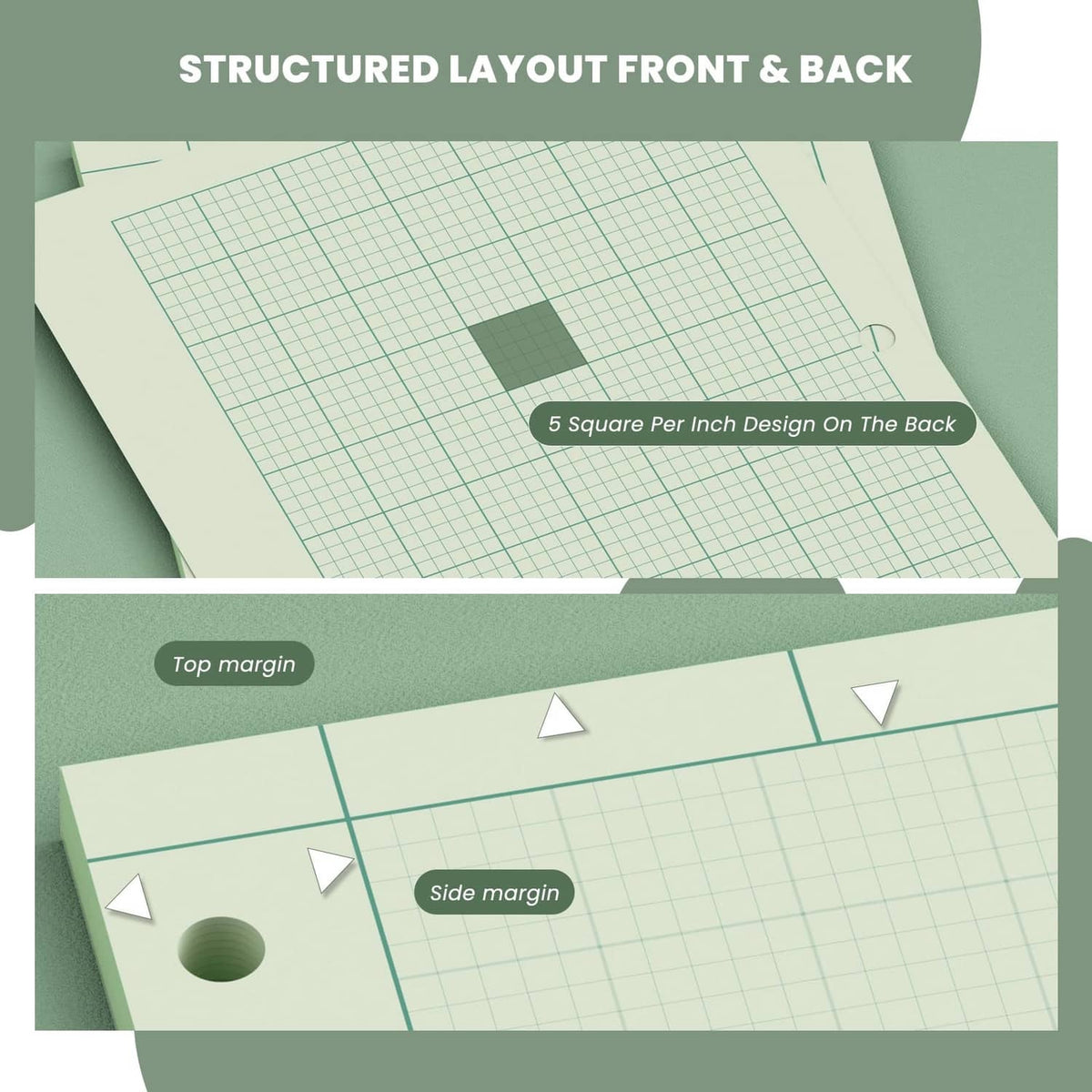 Green graph paper pad with structured layout, grid, and marked margins for drawing