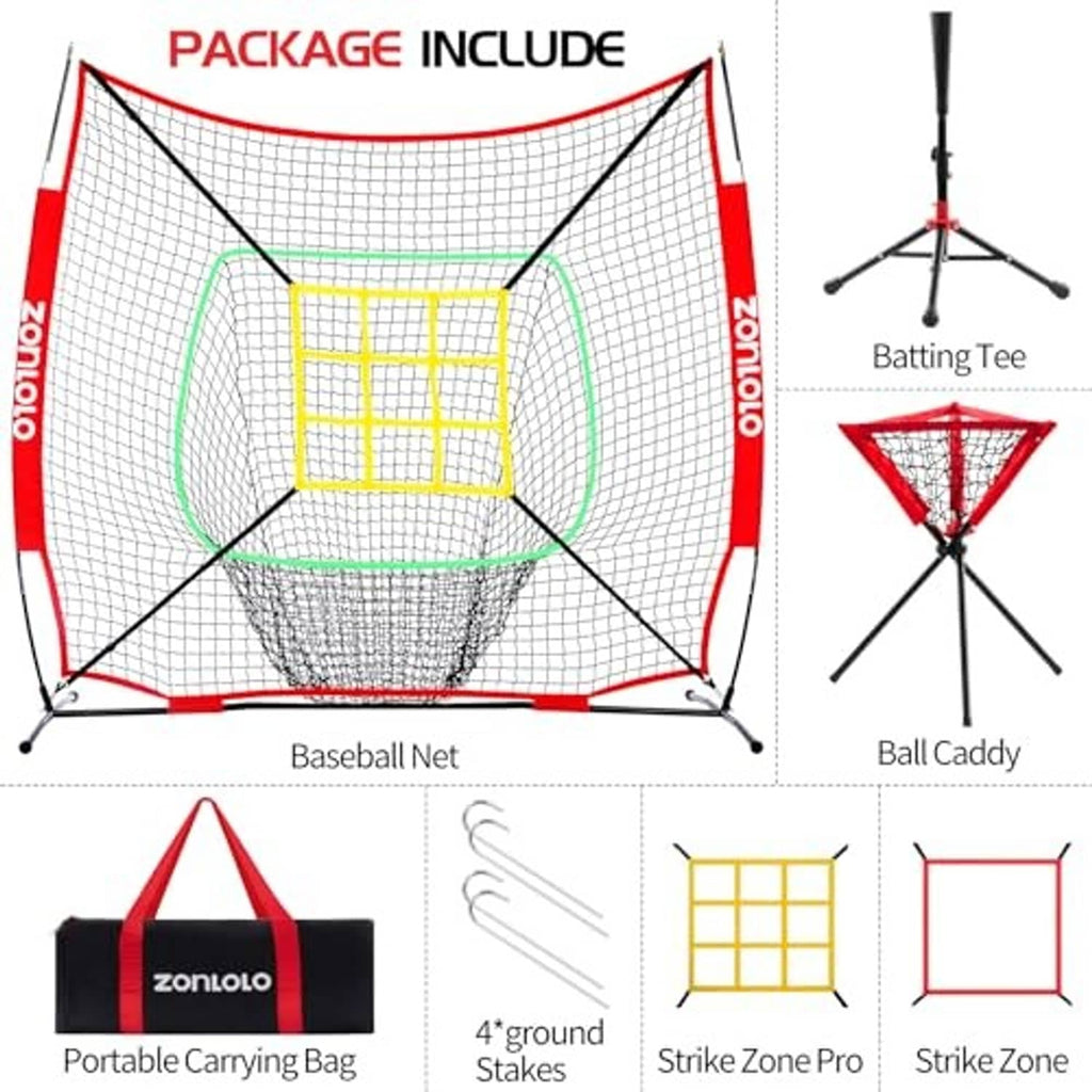 Baseball net set with red frame, white mesh, yellow strike-zone grid, carrying bag and stakes