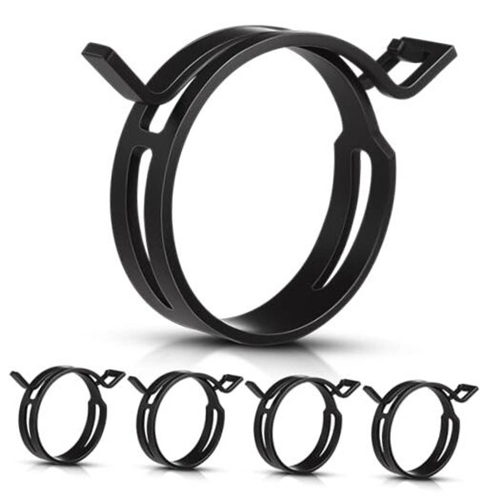 Black constant-tension hose clamp set, circular bands with locking tabs