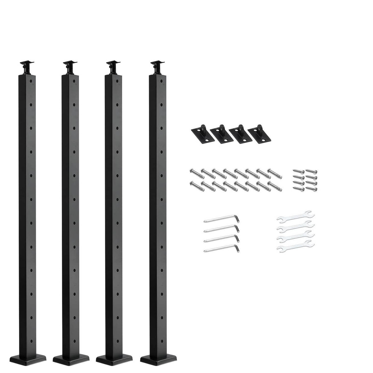 Black horizontal cable railing posts set with mounting hardware, four posts