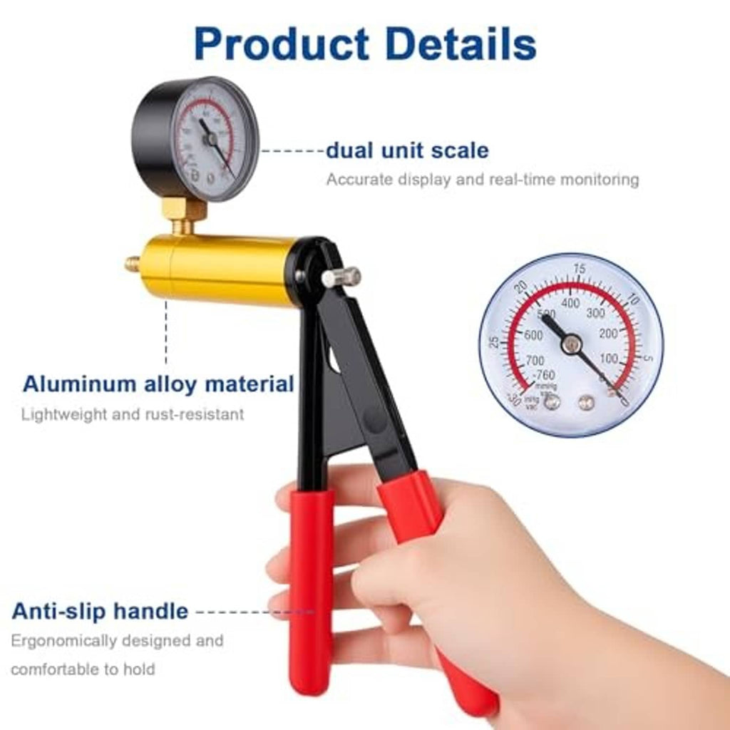 Aluminum vacuum pump with pressure gauge and anti-slip handle, plus dual-scale face