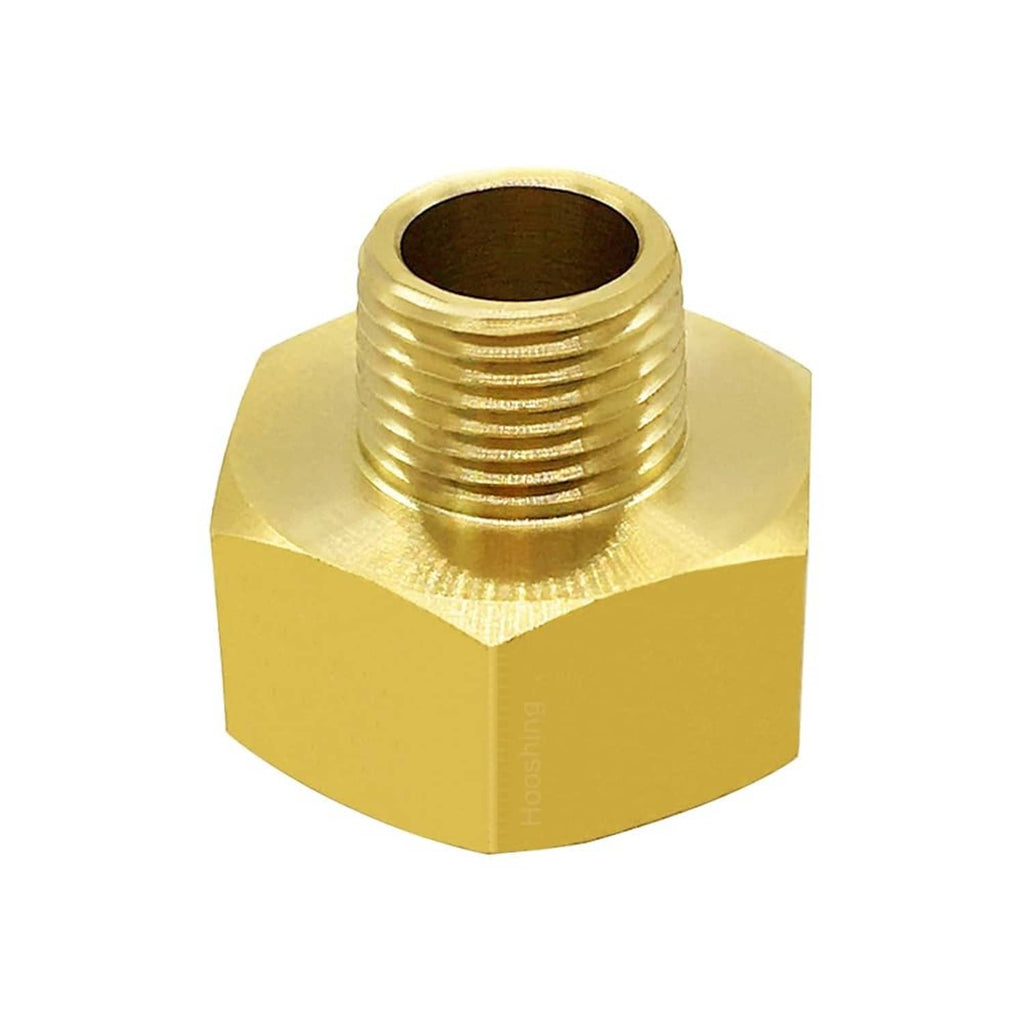Brass hose adapter with internal threaded inlet and hex housing, front view