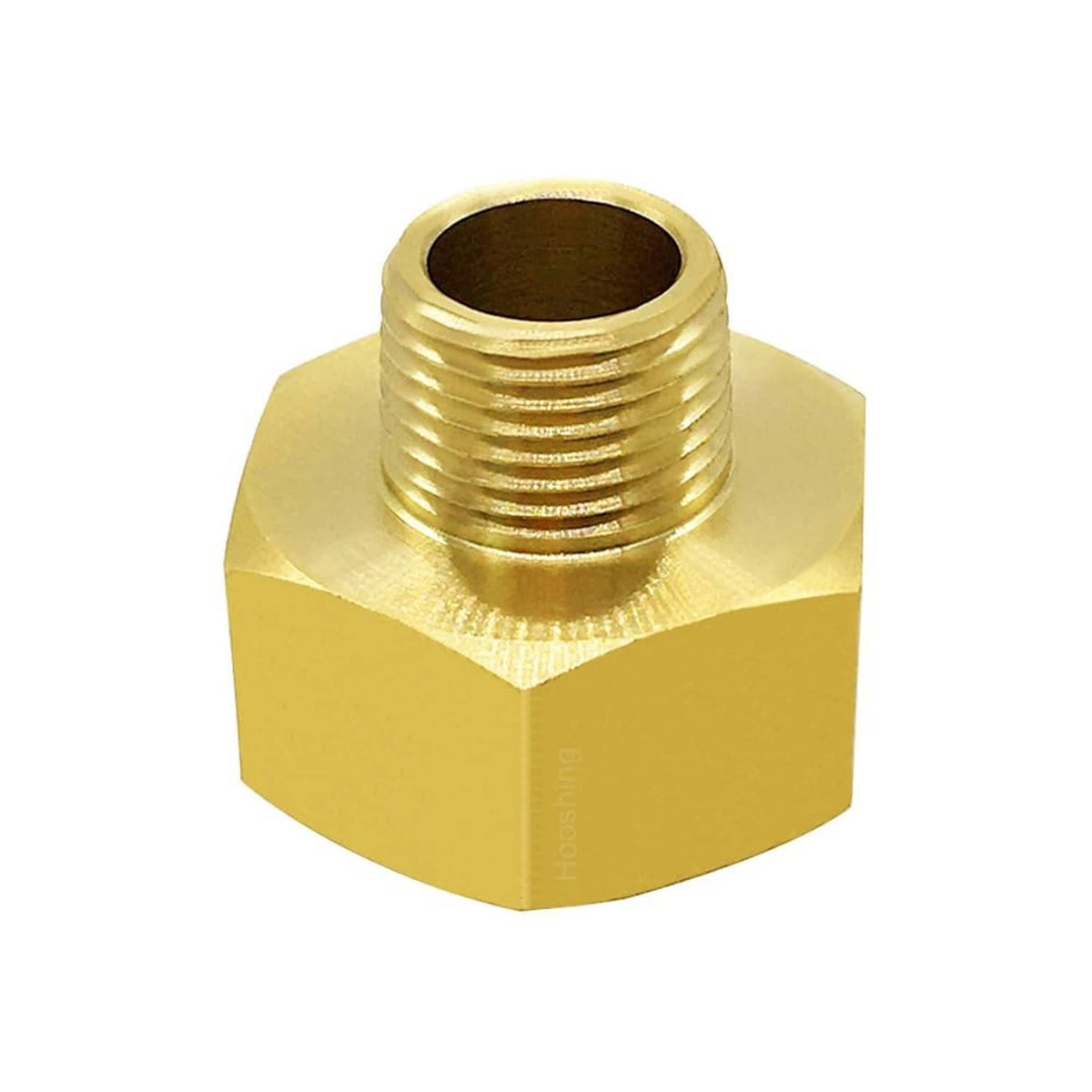 Brass hose adapter with internal threaded inlet and hex housing, front view