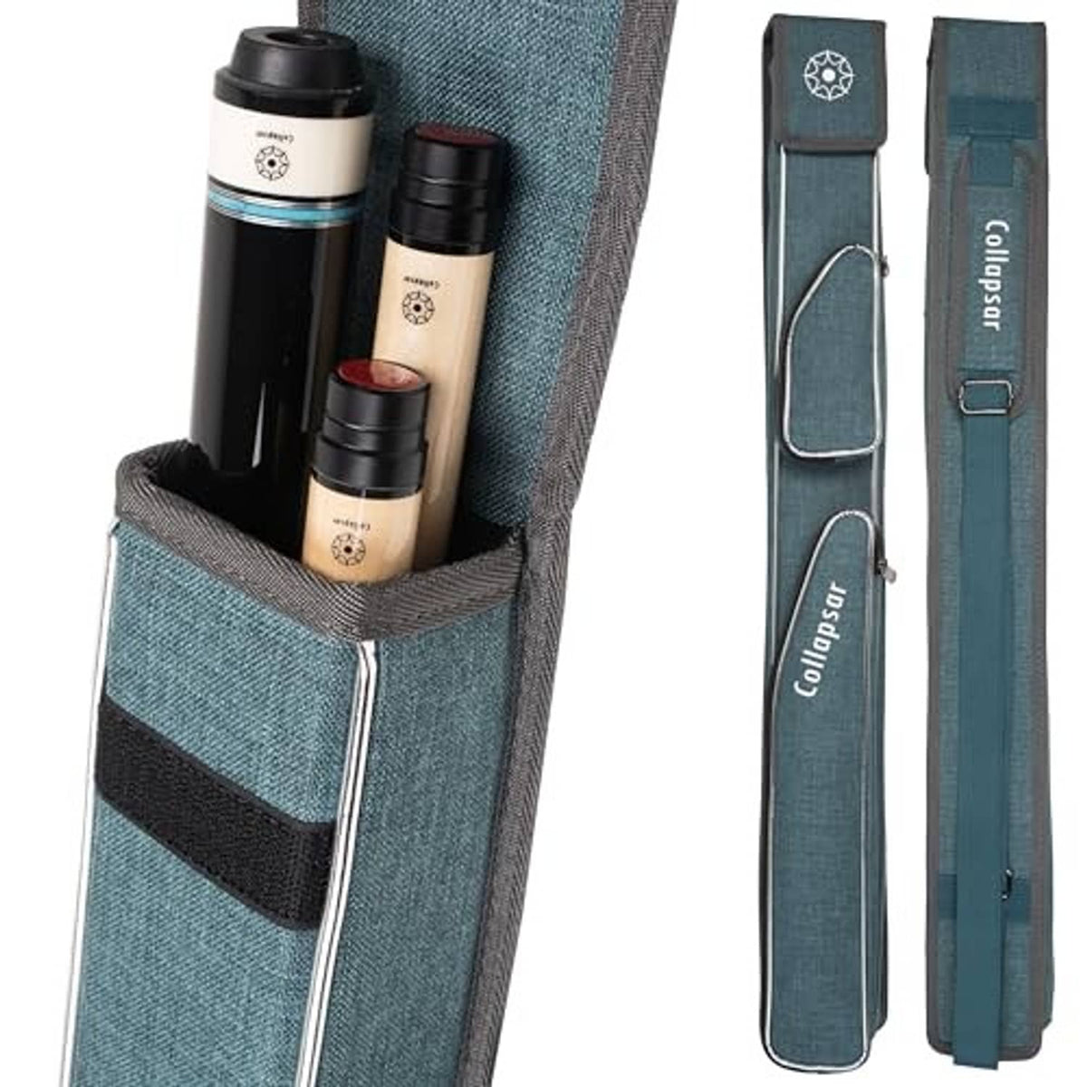 Teal-green billiard cue case with two cue sleeves and outer zip compartments, holds 3 pieces