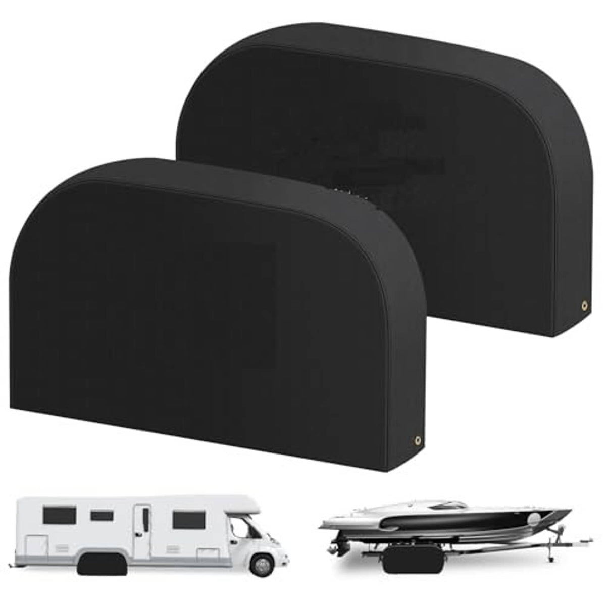 Black dual wheel tire covers with rounded hoods, shown from a front angle.
