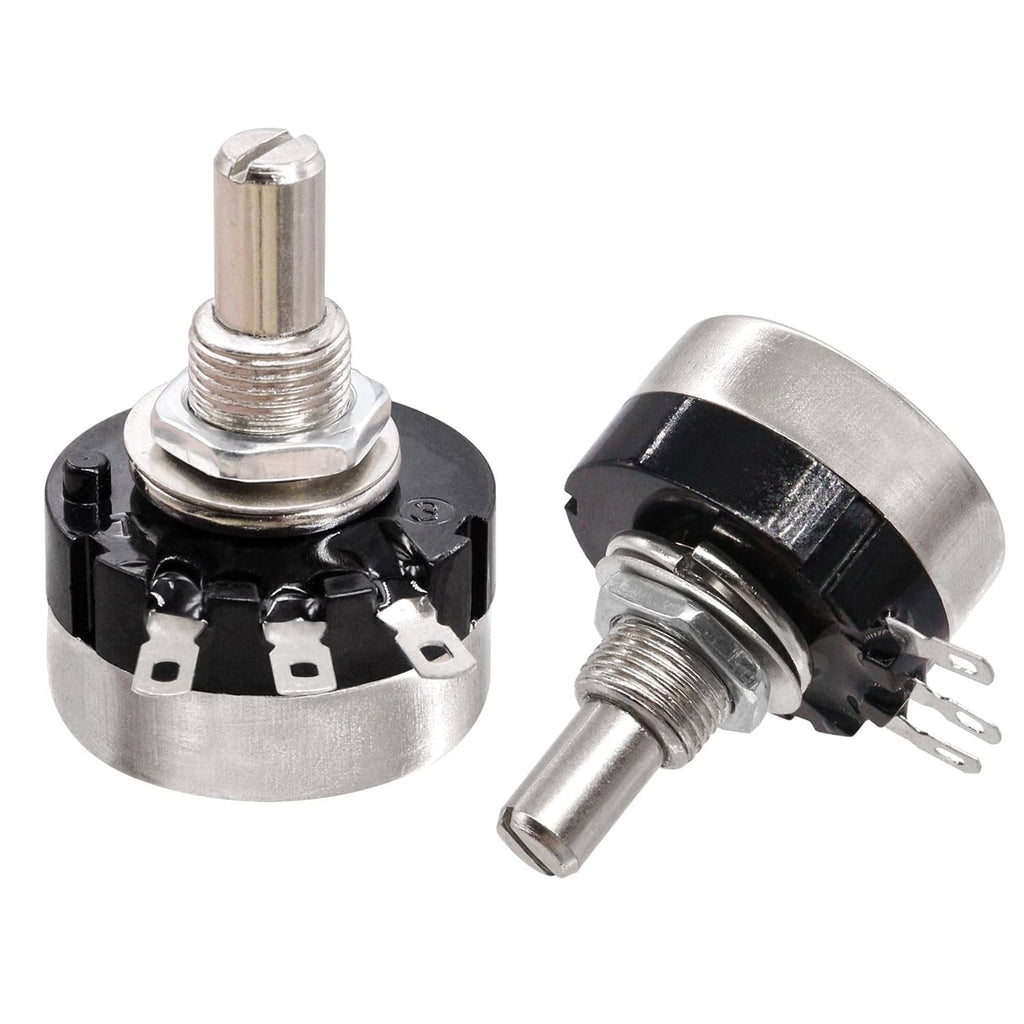 Rotary potentiometer and mounting hardware: metal shaft, black insulator, pin terminals