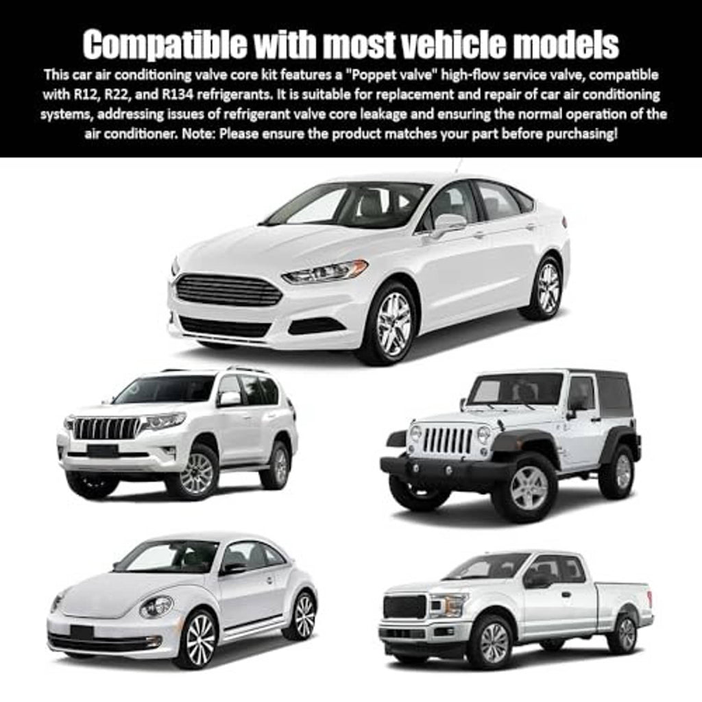 A/C valve core kit compatibility shown with white vehicle silhouettes