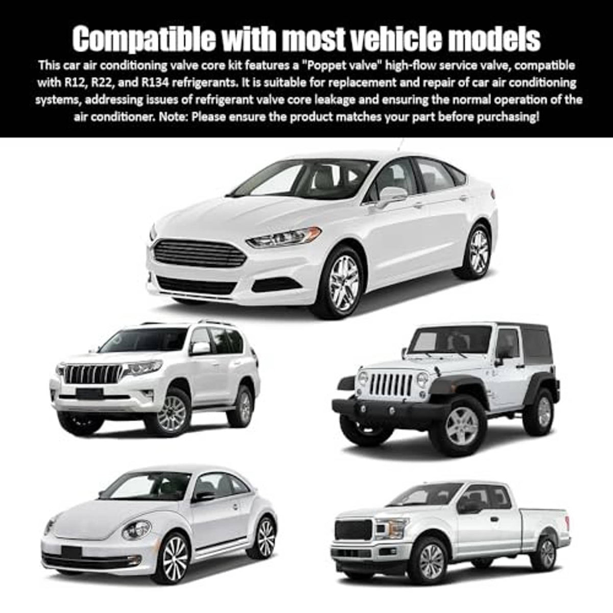 A/C valve core kit compatibility shown with white vehicle silhouettes