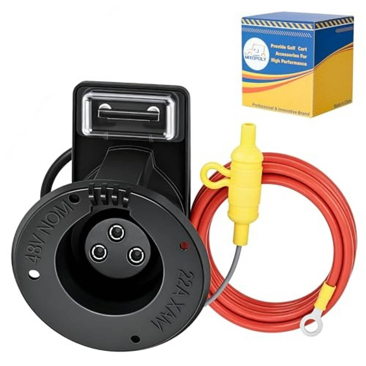 Golf cart charger receptacle kit with black circular base, red cable, and yellow fuse holder