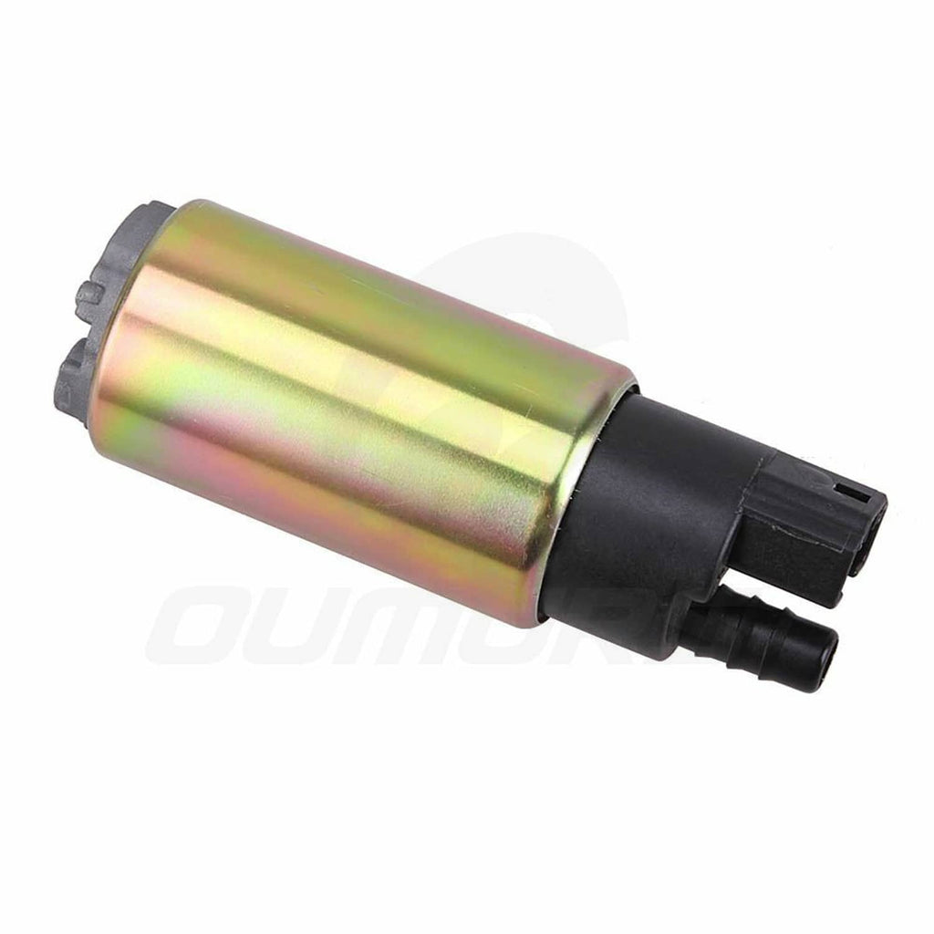 Fuel intank pump end view with iridescent metal cylinder and black plastic housing sections