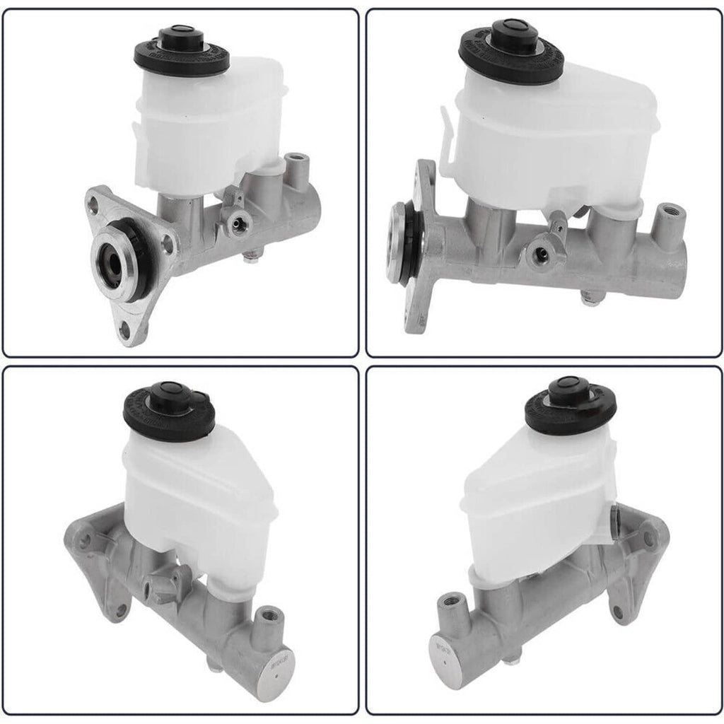 Brake master cylinder multi-view set showing reservoir, ports, and mounting flange