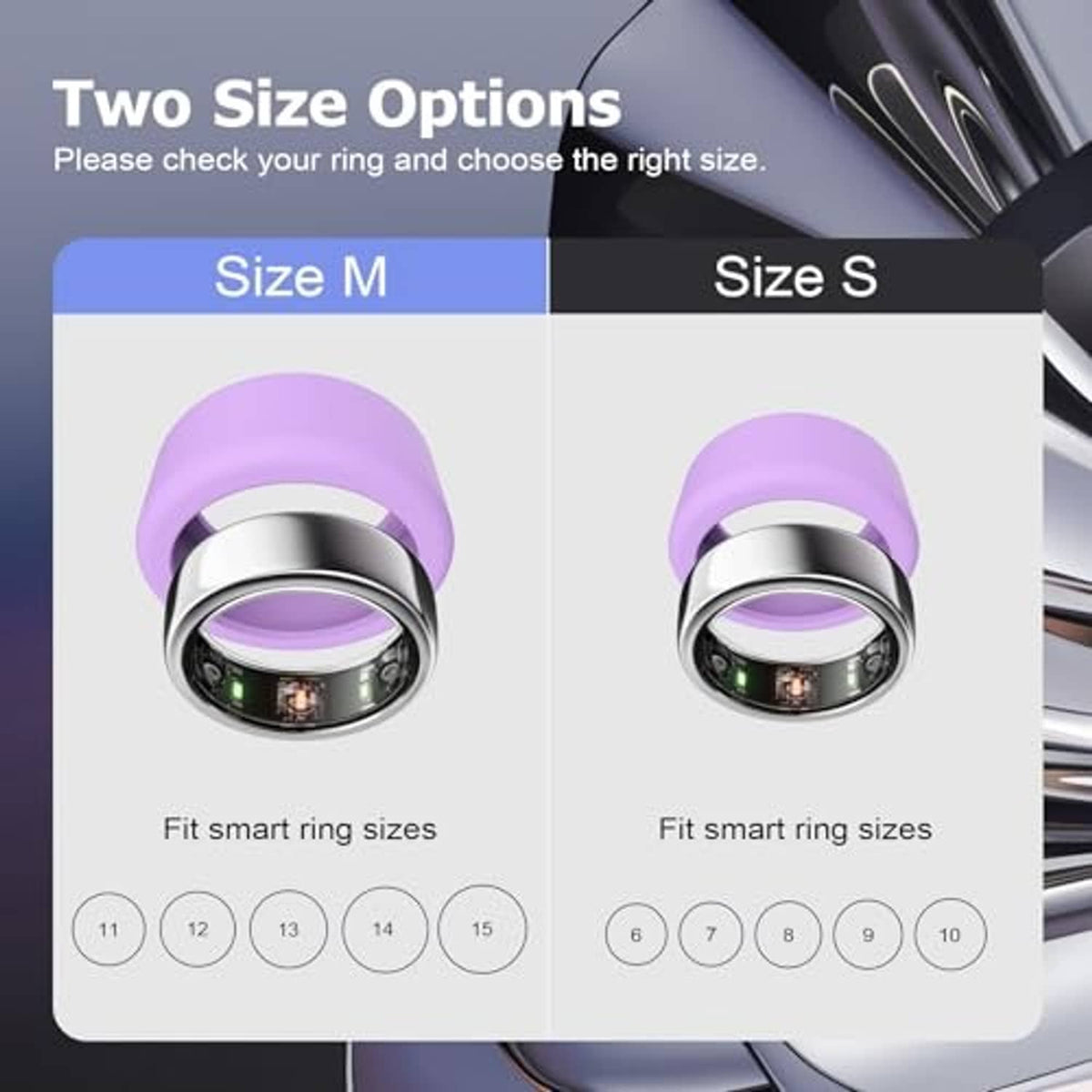 Purple elastic silicone ring cover for two sizes, shown with metal inner ring