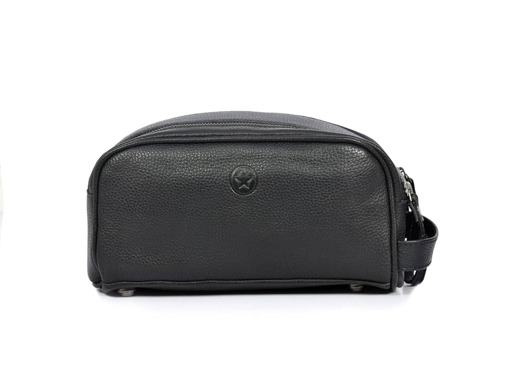 Black leather toiletry travel pouch with top zipper and front loop handle