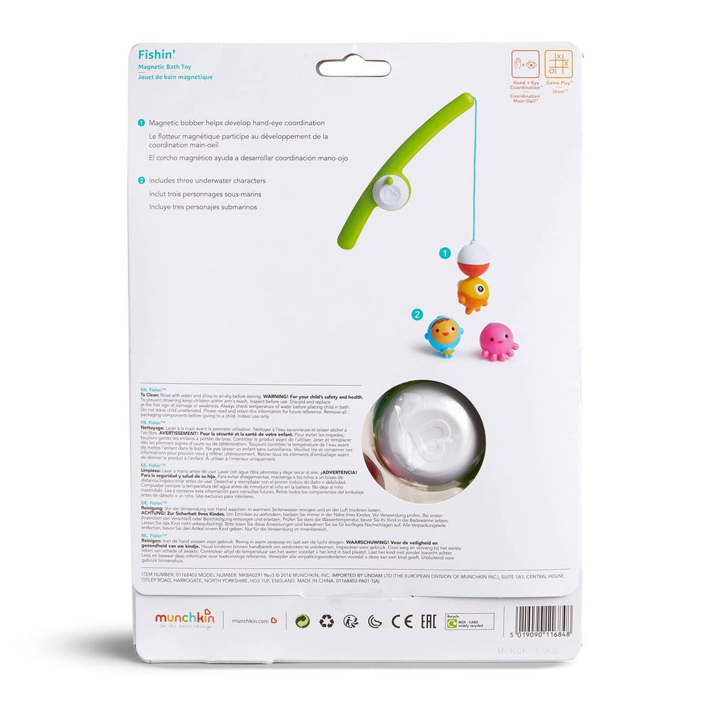 Munchkin® Fishin' magnetic fishing bath toy blister pack on card backing