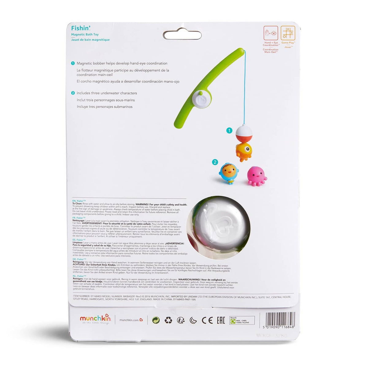 Munchkin® Fishin' magnetic fishing bath toy blister pack on card backing