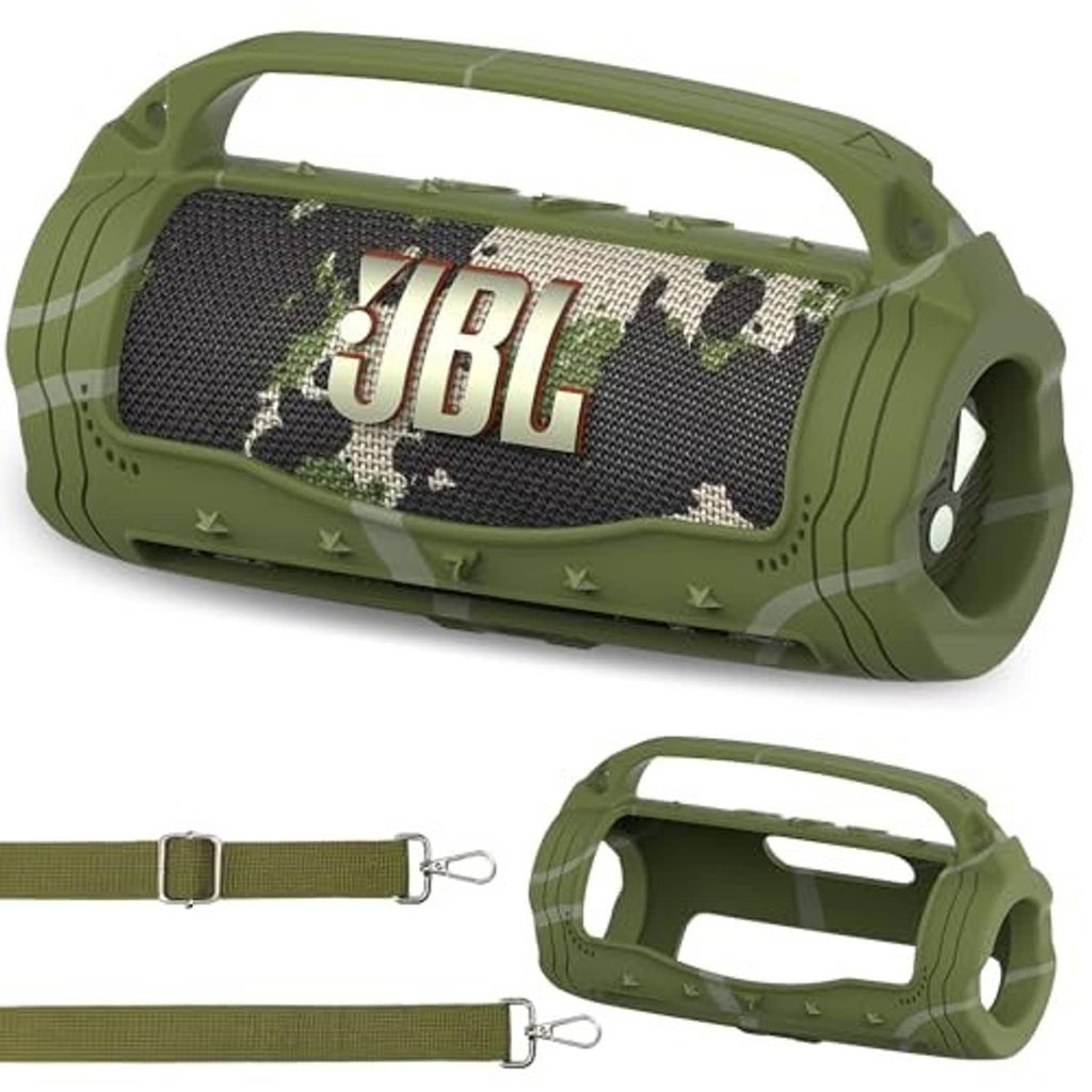 Green silicone speaker case with strap loop and top handle cutout for JBL Flip 7