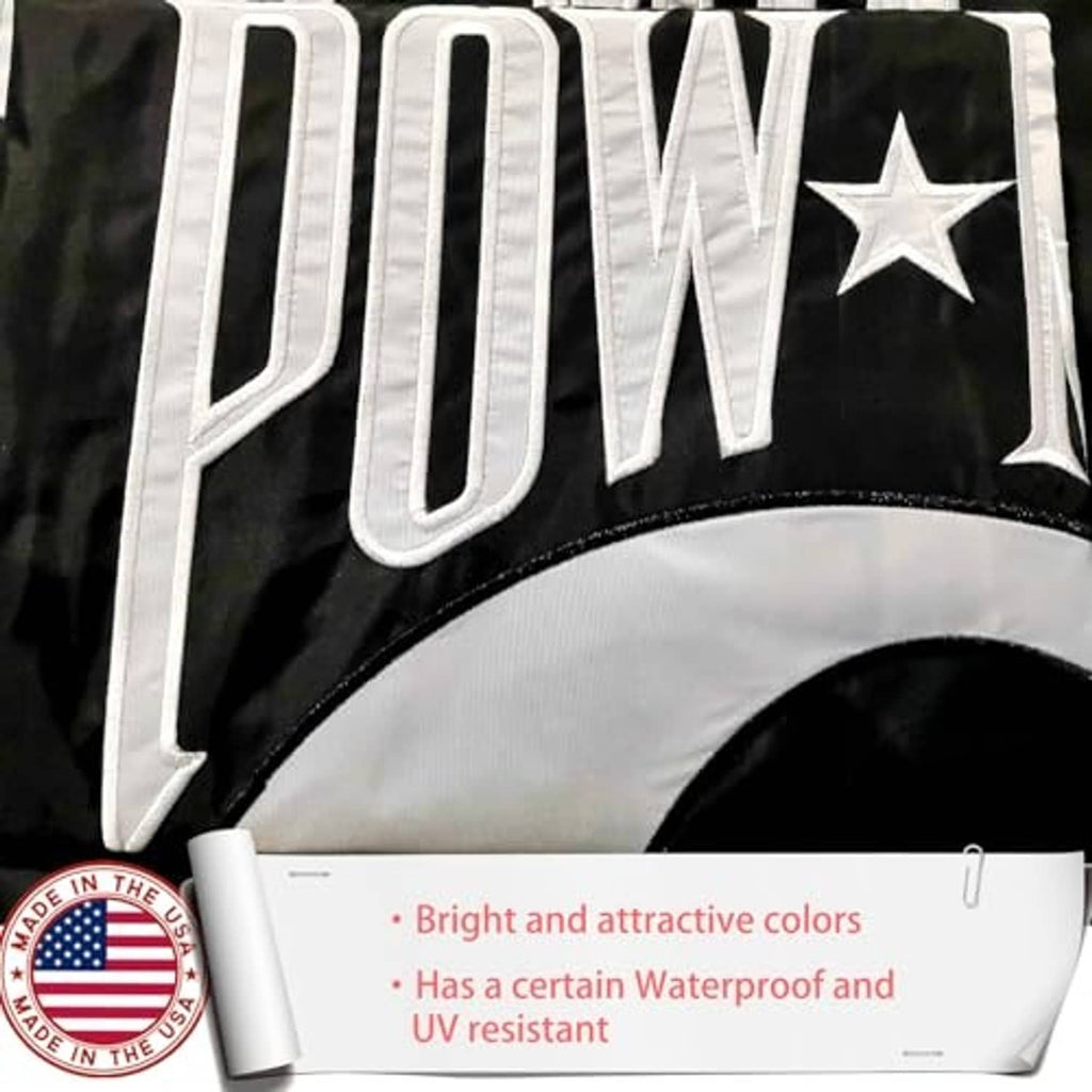 Close-up of embroidered POW lettering and star on black flag fabric with white curve.