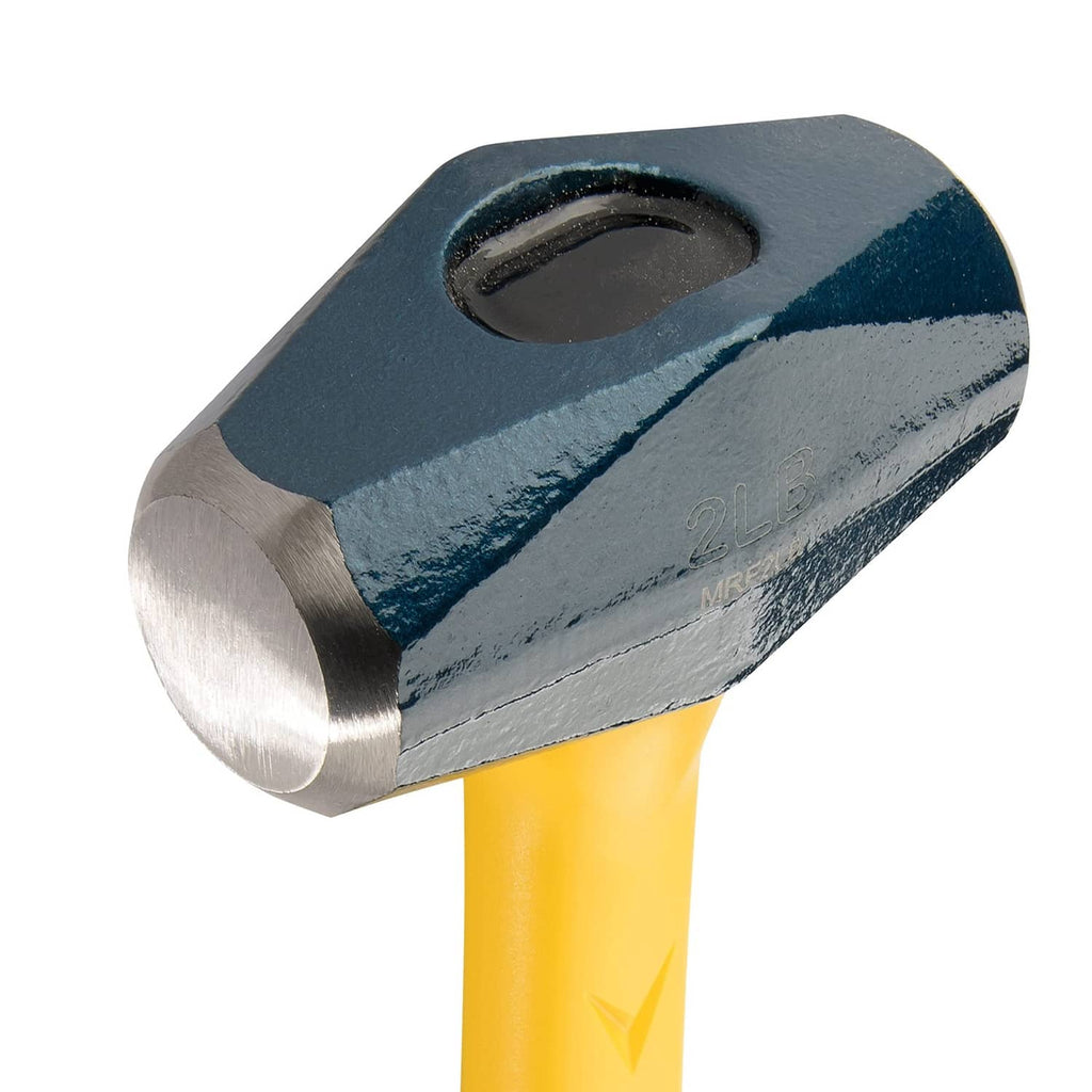 Estwing sledge hammer head close-up with blue steel face and yellow fiberglass handle