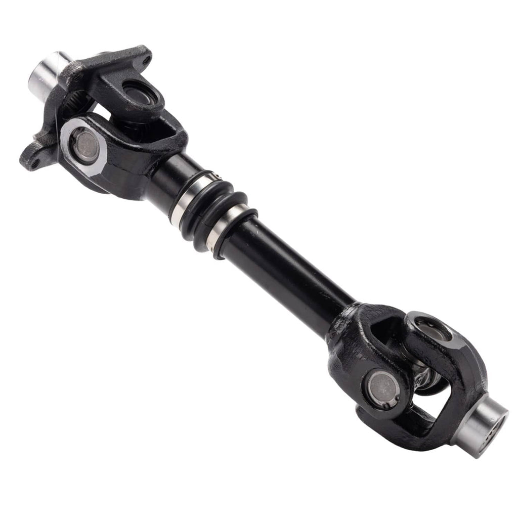 Rear prop drive shaft with black rubber boots and metal yoke ends