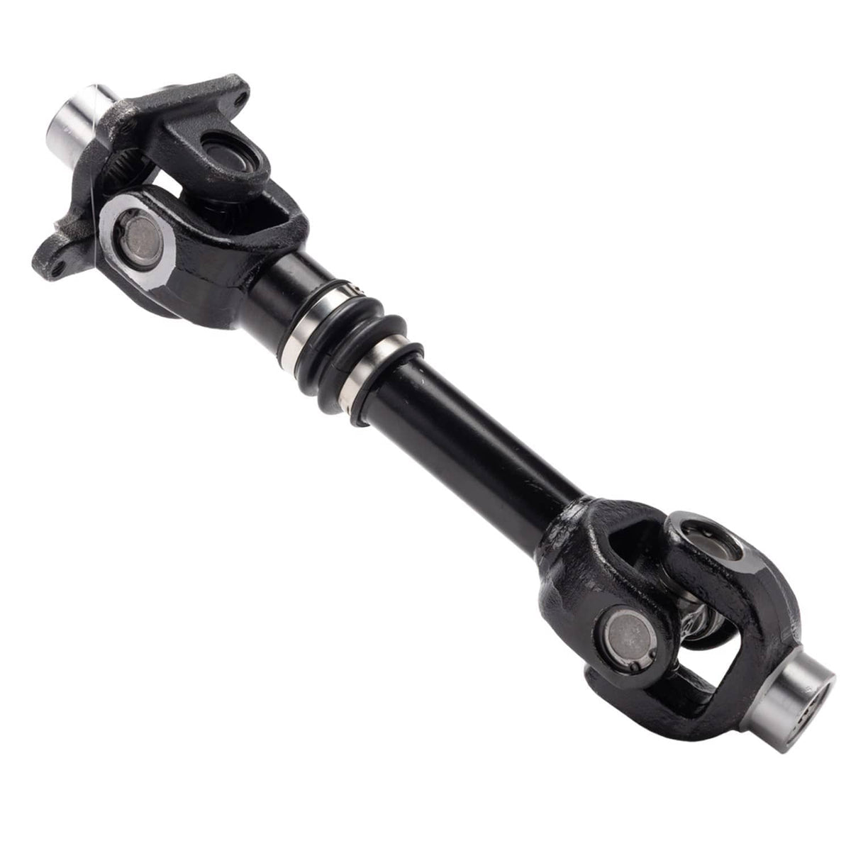 Rear prop drive shaft with black rubber boots and metal yoke ends
