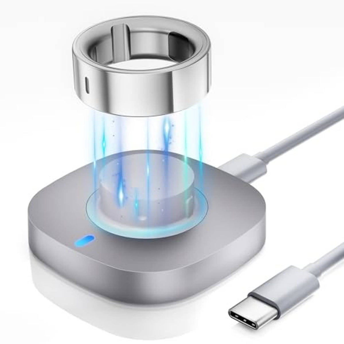 Metal charging dock with ring cradle and USB-C cable, glowing blue status light