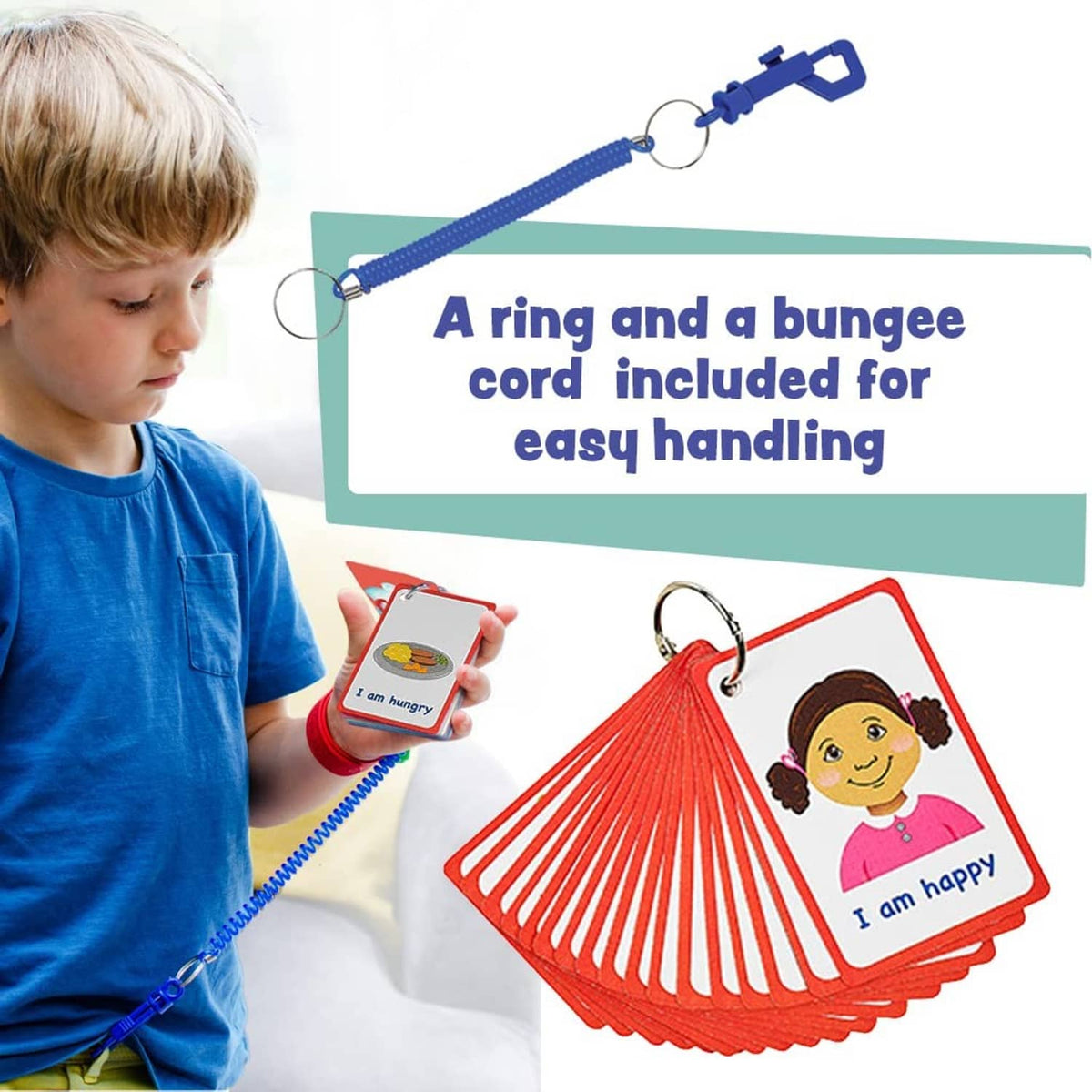 Communication card set with red cards fanned on a blue bungee cord keyring