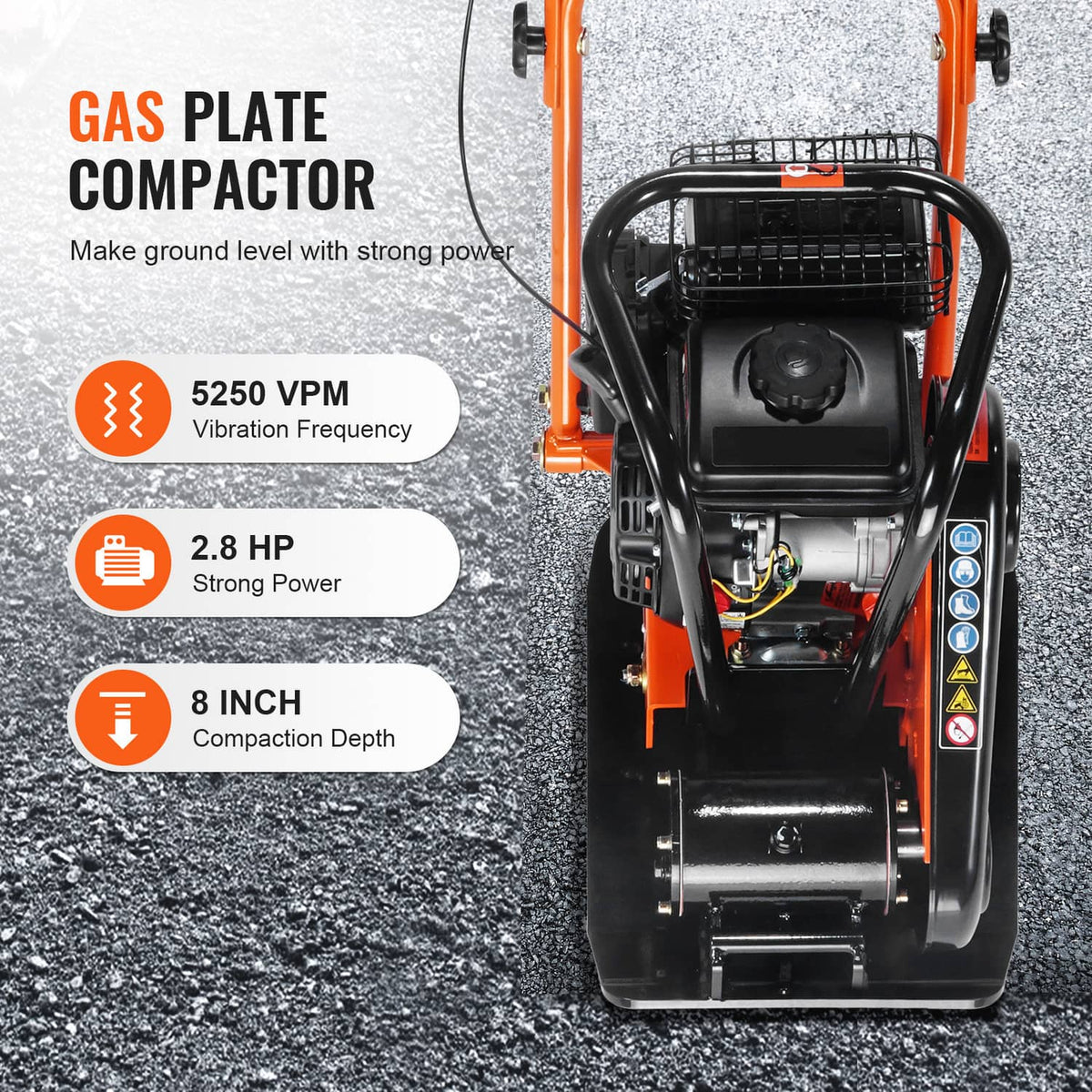 Orange and black walk-behind vibratory plate compactor with front vibrating base
