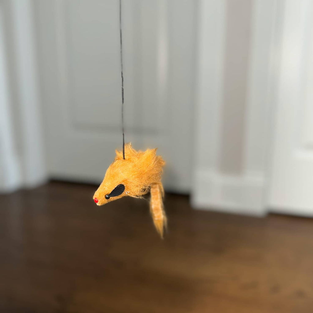 Orange plush mouse cat toy dangling from a thin string