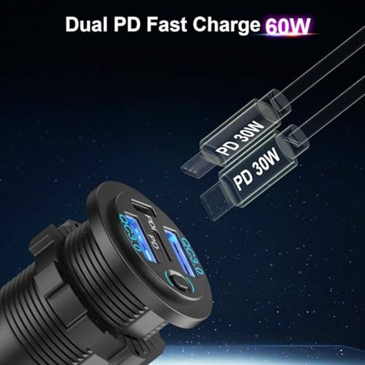 Close-up of black dual PD car USB charger with glowing blue port indicators