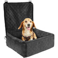 Black quilted dog booster car seat with padded base and backrest, side carrying straps
