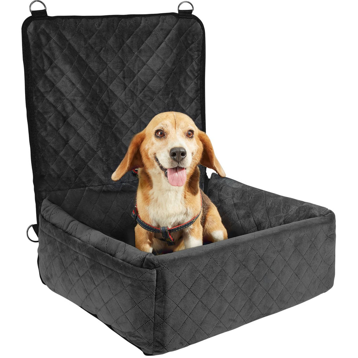 Black quilted dog booster car seat with padded base and backrest, side carrying straps